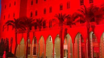 Title: Awareness for Anemia: "American University" Illuminated in Red