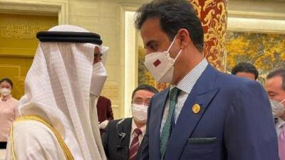 لقاء ودي ومصافحة مطولة بين أمير قطر وولي عهد أبو ظبي
