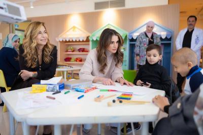 Queen Rania Visits Patients Evacuated from Gaza for Treatment at the King Hussein Cancer Center