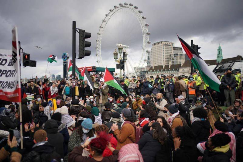 Demonstrators Block Westminster Bridge in London in Support of Gaza