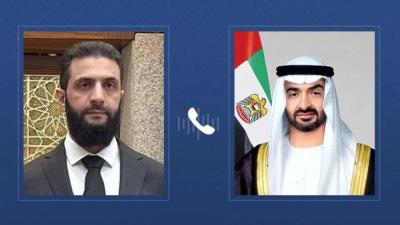 محمد بن زايد يؤكّد للشرع موقف الإمارات الثابت بدعم استقلال ‏سوريا وسيادتها ‏