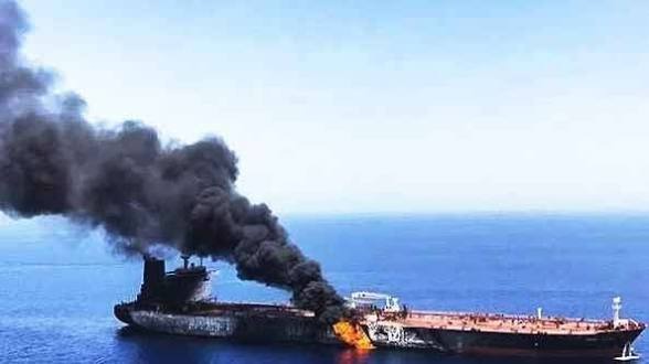 Massive Oil Tanker Engulfed in Flames South of Hormuz: Iran Claims Mine Collision