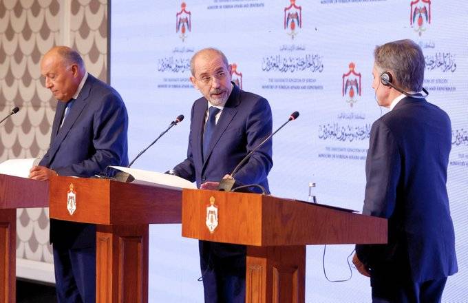 مؤتمر صحافي مشترك لوزراء خارجية الأردن ومصر وأميركا في عمان