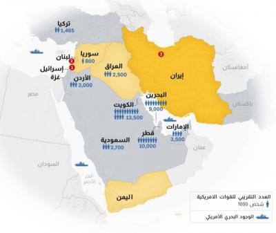 خريطة توضح مواقع القوات الأميركية في الشرق الأوسط